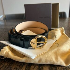 Louis Vuitton Patent Leather Dark Turquoise Logo Belt Gold HW